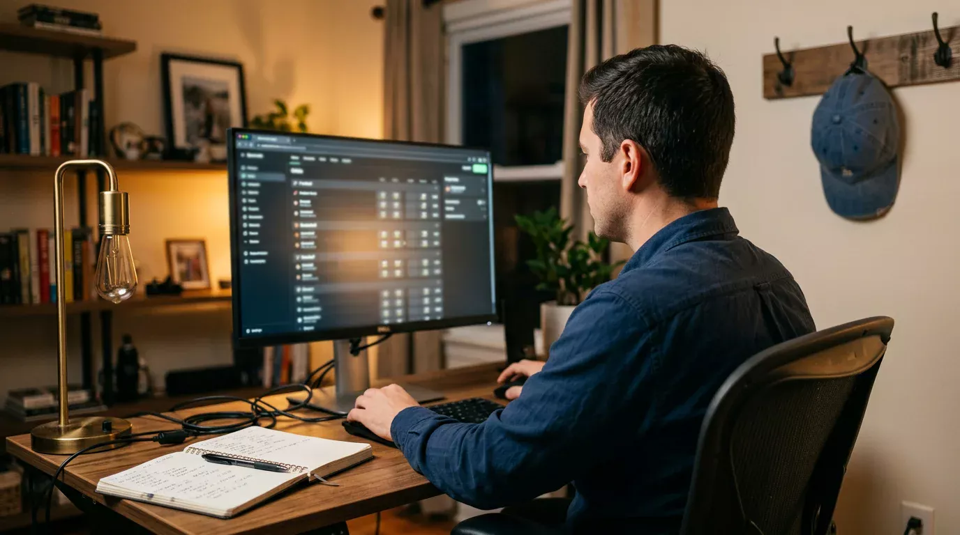 Analista revisando cuotas de béisbol MLB con formato decimal y americano en su ordenador