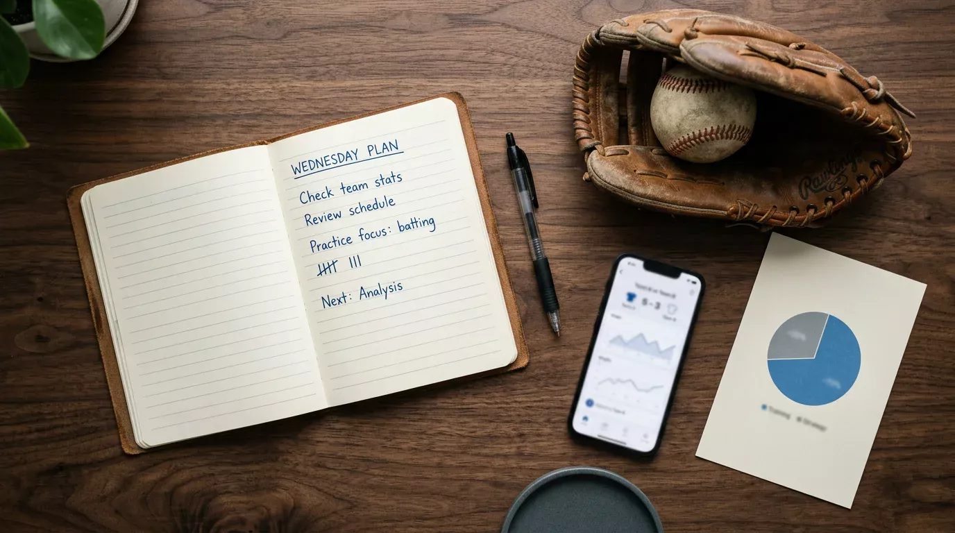 Apostador de béisbol planificando su estrategia de bankroll con un cuaderno y datos de temporada MLB
