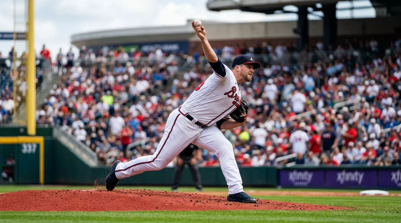 Pitcher abridor de béisbol MLB lanzando desde el montículo durante un partido de temporada regular
